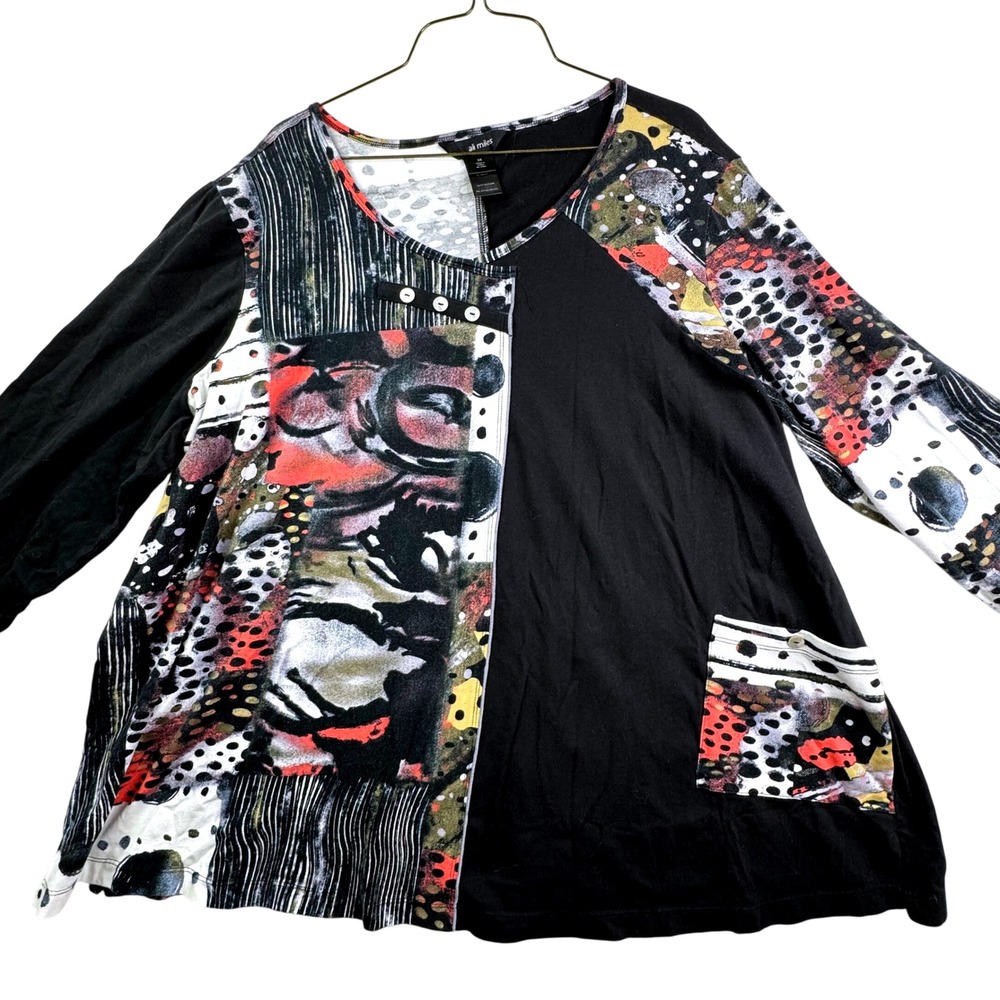 Ali Miles Tunic Top Women 2X Abstract Patchwork Mixed Media Art To Wear 3/4 Slv